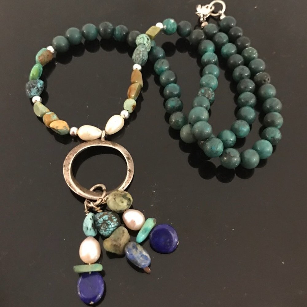 Genuine Turquoise Sterling Silver Pendant 925 Southwestern Pearl Necklace Lapis